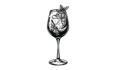 Vintage illustration of a citrus-infused cocktail in a wine glass. Vector retro hand drawn illustration