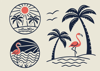 Obraz premium Flat Vector Icons of Tropical Beach Elements with Palm Trees, Flamingos, Sun, and Birds