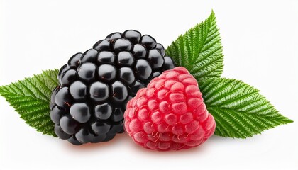 blackberries and raspberry with leaves isolated on transparent background