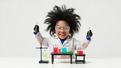 Crazy Scientist Asian Boy Doing Science Experiment with Colorful Chemical Liquid - Powered by Adobe