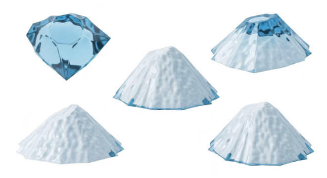 Isolated faceted ice crystal variations displaying different stages of melting with a white backdrop perfect for design elements
