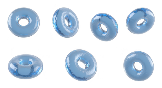Floating blue torus objects against a white background perfect for abstract backgrounds design elements or product visualisations