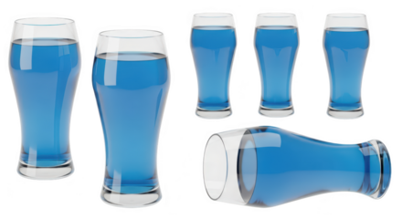 Six tall clear glasses filled with bright blue liquid arranged against a white background ideal for illustrating hydration refreshments or beverages