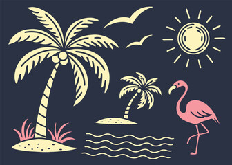 Flat Vector Icons of Tropical Beach Elements with Palm Trees, Flamingos, Sun, and Birds