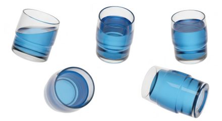 Five clear glass tumblers each tilted filled with blue liquid against a white backdrop potentially for beverage or design concepts