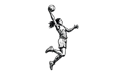 Female basketball player performing slam dunk in black and white sketch. Vector retro hand drawn illustration