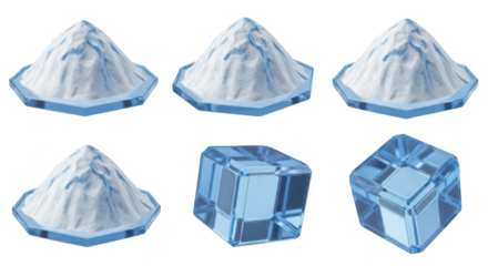 3D rendered stylized snow-capped mountain piles and geometric ice cubes isolated on white background for winter design illustration or seasonal marketing