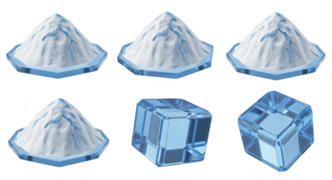 3D rendered stylized snow-capped mountain piles and geometric ice cubes isolated on white background for winter design illustration or seasonal marketing