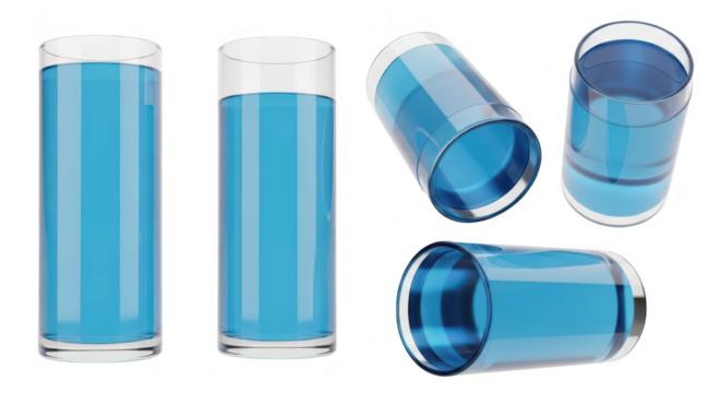Glasses of blue liquid in various positions isolated on white background suitable for drink or refreshment illustration