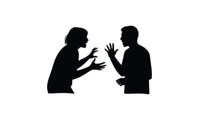 Silhouette of a man and woman arguing intensely against white background. Vector retro hand drawn illustration