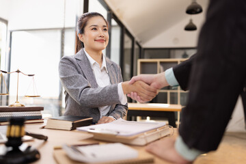 Lawyer Handshake in Business Meeting, Agreement and Partnership, Hammer of Justice,