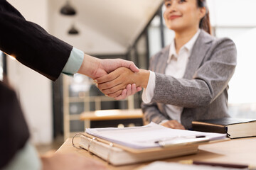 Lawyer Handshake in Business Meeting, Agreement and Partnership, Hammer of Justice,