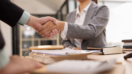 Lawyer Handshake in Business Meeting, Agreement and Partnership, Hammer of Justice,