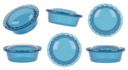 Blue transparent pie dishes in various perspectives isolated on white background for culinary visuals