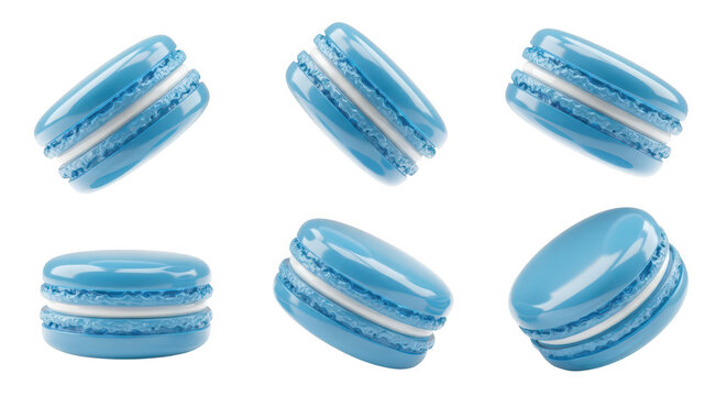 Floating blue French macarons in a white studio setting showcasing individual treats for dessert or bakery marketing