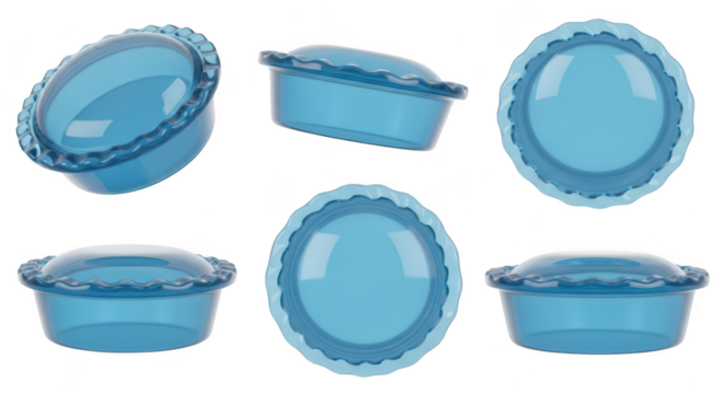 Blue transparent pie dishes in various perspectives isolated on white background for culinary visuals