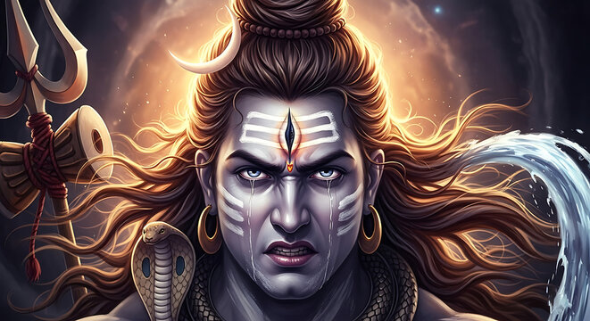 An intense and powerful depiction of the Hindu god Shiva, with his third eye, crescent moon, trident, and sacred Ganga.