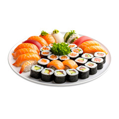 Large platter of delicious assorted sushi Png , on a white plate with