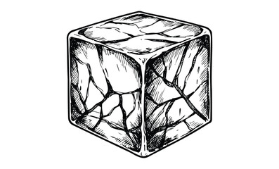 Hand-drawn cracked cube sketch in monochrome style. Vector retro hand drawn illustration
