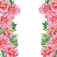 Watercolor peonies square frame. Pink floral peony template. Hand painted pink flower with copy space perfect for wedding invitations, branding, packaging, fabric design, stationary and cards