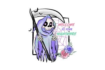 Welcome to Your Nightmare – Grim Reaper in Pink and Purple Pastel Style Sublimation design isolated on transparent background
