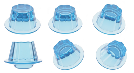 Six clear blue gelatin desserts rotate against a white background showcasing the gelatin?s transparency for use in food & cooking visuals