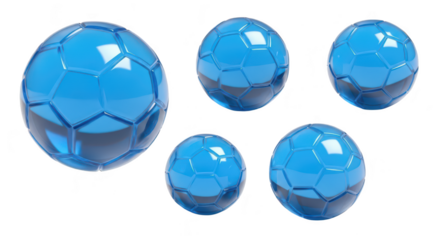 Transparent blue soccer balls levitate casting shadows on a clean white background for conceptual sports design