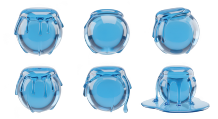 Blue water pots in various views spilling drops on a white background used for design elements