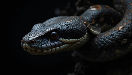 Fototapeta premium Close up shot of a coiled snake with dark scales and a focused gaze against a dark background