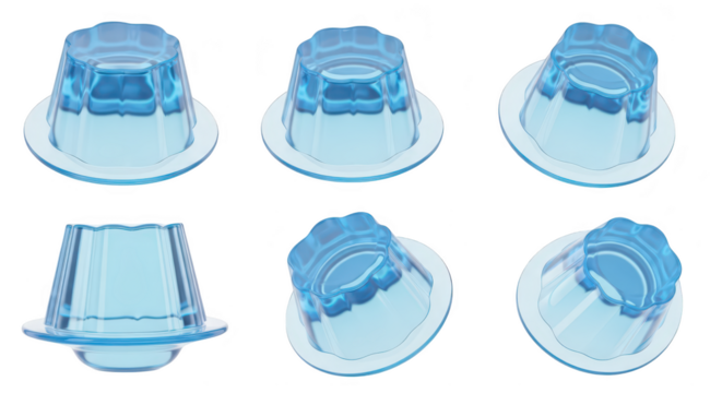 Six clear blue gelatin desserts rotate against a white background showcasing the gelatin?s transparency for use in food & cooking visuals