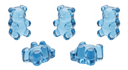 Five clear blue gummy bears posed on a plain white surface ideal for illustrating confectionary sweets or playful concepts