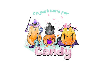 I’m Just Here for Candy – Cute Halloween Candy Corn Friends Illustration Sublimation design isolated on transparent background