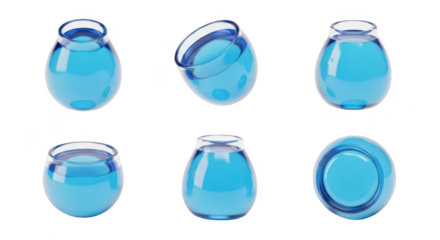 Blue water-filled glass jars isolated on a white background showcasing different angles for product visualization