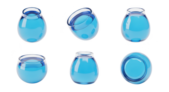 Blue water-filled glass jars isolated on a white background showcasing different angles for product visualization
