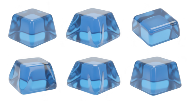 Multiple blue gelatin cubes isolated against white background representing freshness and transparency suitable for food visuals