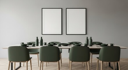 Elegant dining set with green chairs and empty frames