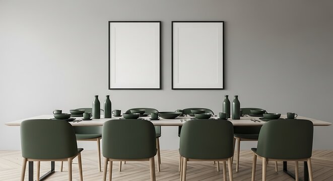 Elegant dining set with green chairs and empty frames - Powered by Adobe