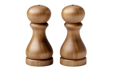 Two stylish wooden salt and pepper shakers against a pure transparent background
