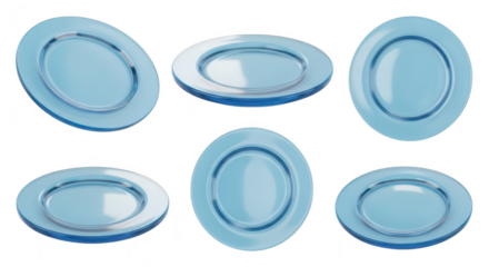 Six transparent blue plates isolated on white background various angles for showcasing dishware food presentation or design elements