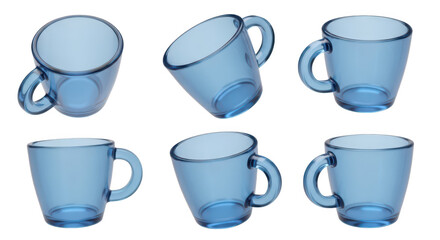 Six transparent blue glass cups tilted at various angles against a blank white background for illustrative purposes
