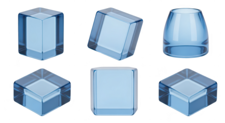 Assortment of transparent blue geometric shapes in various forms isolated on a white background suitable for design or abstract illustrations