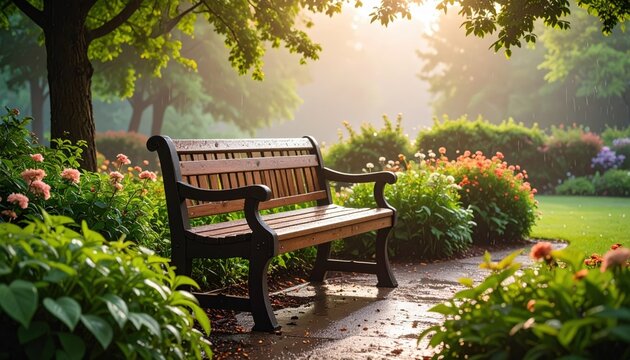 A wooden park bench surrounded by lush greenery and colorful flowers, bathed in soft morning sunlight in a tranquil garden setting. - Powered by Adobe