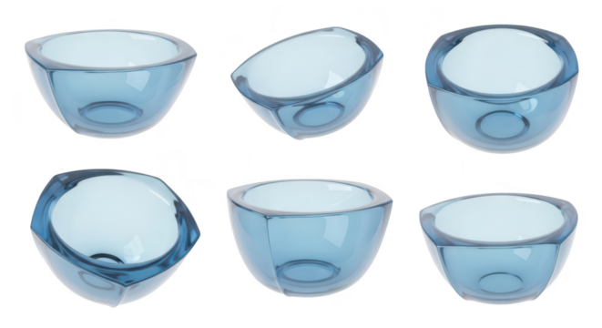 Blue glass bowls arrayed at different angles on white Illustrative for design decor product displays