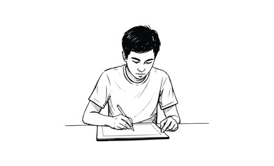 Asian young male drawing on tablet. Vector retro hand drawn illustration