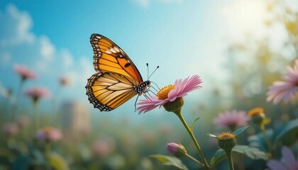 Obraz premium A monarch butterfly perched on a pink daisy with a blurred background of flowers and blue sky