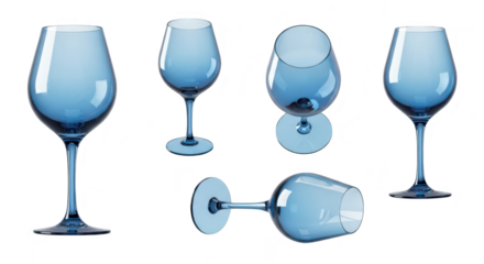 Set of blue stemware glasses presented against a white background ideal for illustrating drinks wine and culinary concepts