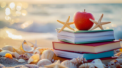 Colorful textbooks with a red apple rest on sandy beach with seashells, starfish, and waves; soft light evokes summer learning and contrast between play and study.