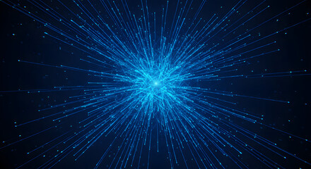 Vibrant blue digital explosion of light with glowing lines and particles radiating from a central energy core.