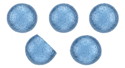 Rendered blue water spheres in different angles showcasing textures against a white background for science visuals