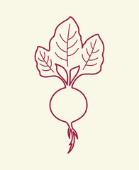 Beetroot. Linear silhouette, red silhouette, vegetable with leaves and roots. Icon, logo, emblem. Vector illustration isolated on a light background.